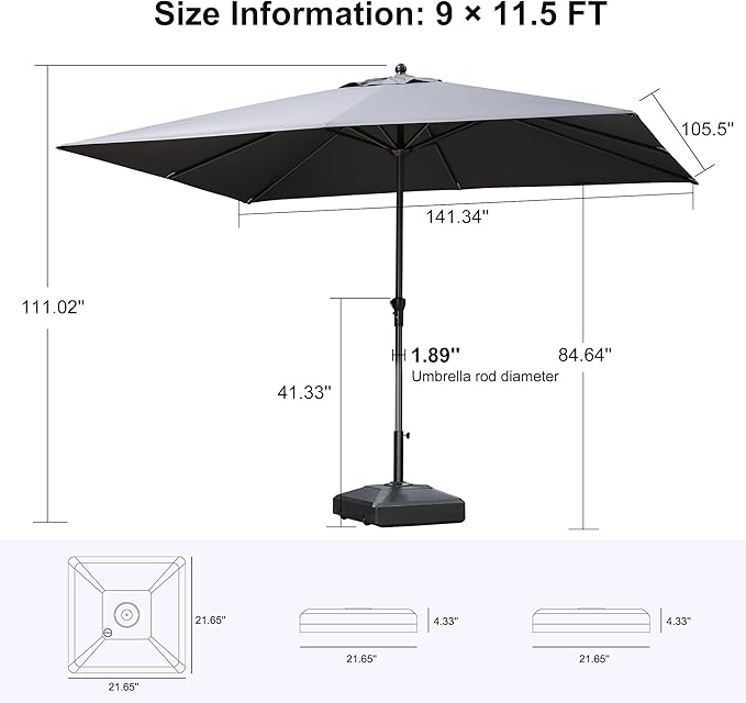 PURPLE LEAF 11.5' x 9' Rectangle Patio Market Umbrella with Base Outdoor Table Umbrellas Aluminum Frame Sun Shade with 8 Sturdy Ribs for Garden Deck Lawn Pool Gray