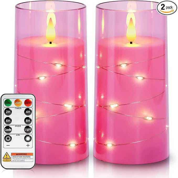 Homemory Flameless Pink Candles with Embedded Star String Fairy Lights, Battery Operated Candles, LED Candle, Fake Candles with Remote Control and Timer, Set of 2(H 6" 6")