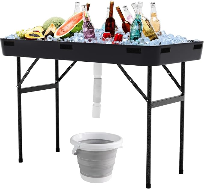 4 Foot Ice Tables for Parties with Drain, Ice Cooler Folding Table with Removable Matching Skirt, Party Ice Bin Table, Cooler Table Outdoor, Ice Table for BBQ, Camping & Picnic, Black