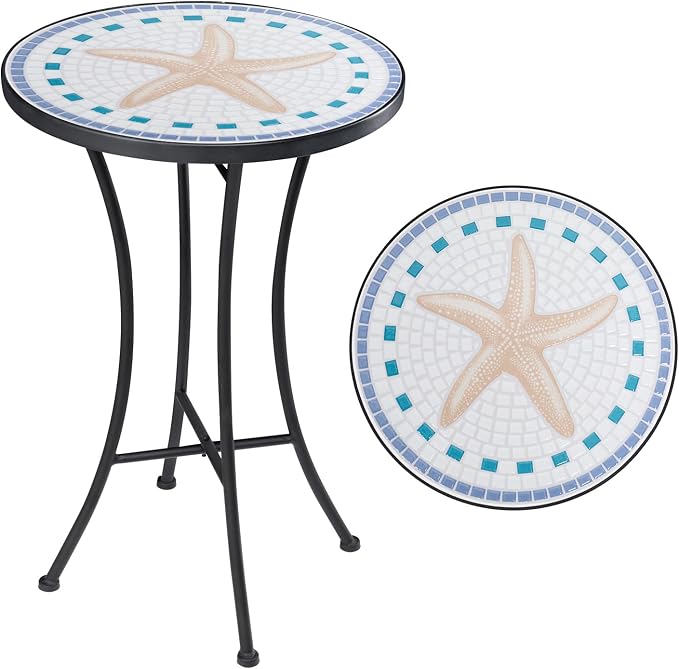 MUMTOP Mosaic Outdoor Side Table, 14" Round Folding Plant Stand for Patio Garden Backyard Balcony Porch Indoor Accent End Table for Living Room, Ceramic Tabletop with Black Iron, Starfish
