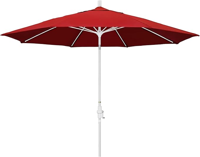 California Umbrella 11Ft Fiberglass Rib Patio Umbrella, Hand-Crank, Tilt-Collar, White Frame, Solution Dyed Red Fabric