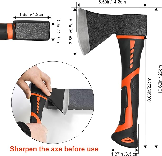 Chopping Axe,10”Camping Outdoor Hatchet for Wood Splitting and Kindling, Forged Carbon Steel Heat Treated Hand Maul Tool, PP+TPR Handle Shock Reduction Handle with Anti-Slip Grip