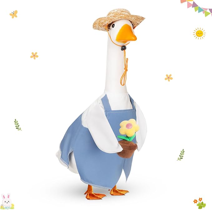 FuWeave Summer Porch Goose Outfit for 17" Blue Overalls Lawn Goose Costume Clothes for Outdoor Patio Yard Lawn Art Decoration
