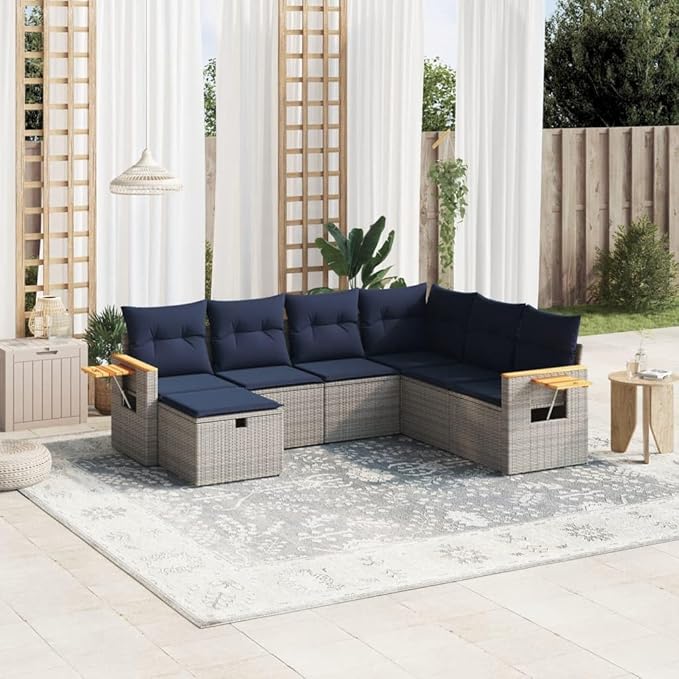 vidaXL Patio Sofa Set with Cushions 7 Piece, Outdoor Conversation Set, Sectional Sofa for Balcony Garden, Modern Style, Gray Poly Rattan