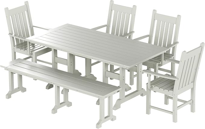 WO Home Furniture Adirondack Patio Dining Chair Table Bench Set of 6 PCS Rectangle Dinner Table Dining Arm-Chairs (Sand)