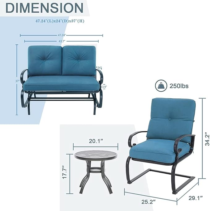 Oakcloud 4-Piece Outdoor Metal Furniture Sets Patio Conversation Set Wrought Iron Glider, 2 Spring Lounge Chairs and Round Side Table, Peacock Blue