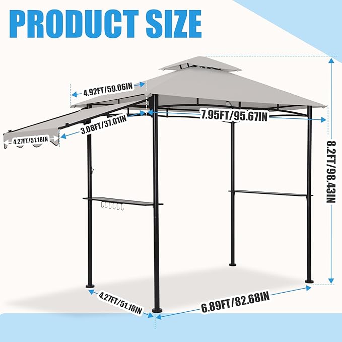 FAB BASED 5x8 Grill Gazebo with Extra Awning, All-Weather Steel Construction, Double Tiered & Resistant Canopy Roof, Metal Serving Shelves, 2 LED, Bottle Opener for Patio, Backyard, BBQ (Light Gray)