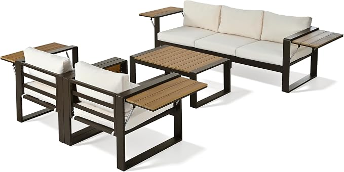 4-Piece Patio Conversation Set, Aluminum Frame Outdoor Patio Furniture Set w/ 3-Seater Sofa, 2 Armchairs with Fold-Out Side Tables, Coffee Table, All-Weather Sectional Sofa Set for Garden Backyard