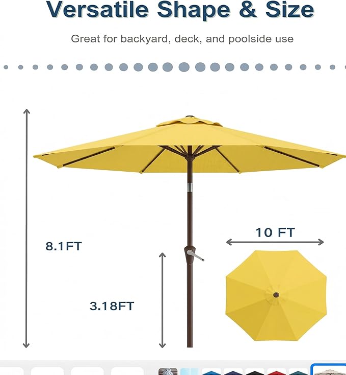 PatioKingdom 10FT Patio Umbrella with Push Button Tilt and Crank, Outdoor Market Umbrella with 8 Fiberglass Ribs, UV Protection Table Umbrella for Pool,Backyard,Garden,Deck