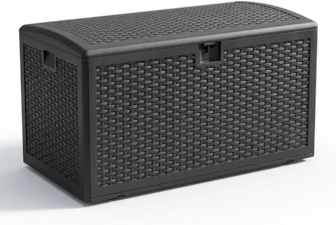 99 Gallon Waterproof Resin Deck Box - Outdoor Storage Bench with Hydraulic Lift Lid & Lockable Design - Wicker Texture Weather-Resistant Storage for Patio Cushions, Pool Toys & Garden Tools