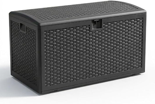 99 Gallon Waterproof Resin Deck Box - Outdoor Storage Bench with Hydraulic Lift Lid & Lockable Design - Wicker Texture Weather-Resistant Storage for Patio Cushions, Pool Toys & Garden Tools