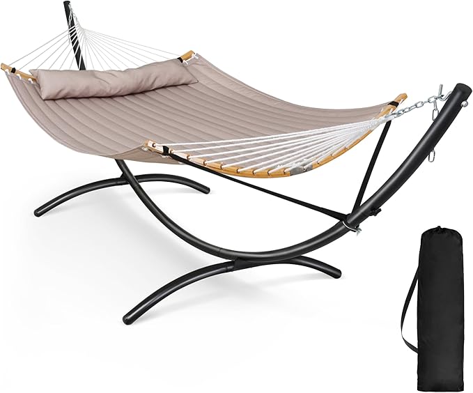 SUNCREAT Portable Double Hammock with Stand, Outdoor Standing 2 Person Hammock Combo, Patent Pending, Tan