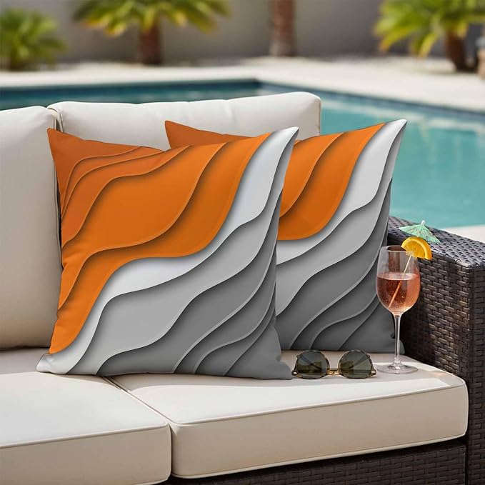 Abstract Beach Outdoor Pillow Covers Set of 2 Aesthetic Grey to Orange Gradient Waterproof Throw Pillow Cover Decorative Cushion Cases for Patio Porch Garden 20X20 Inch