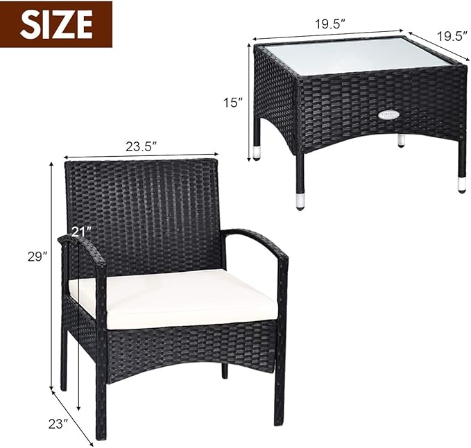 Tangkula 3 PCS Patio Wicker Rattan Furniture Set, Rattan Chair with Coffee Table, High Load Bearing Chair Conversation Sets for Patio Garden Lawn Backyard Pool (Black)