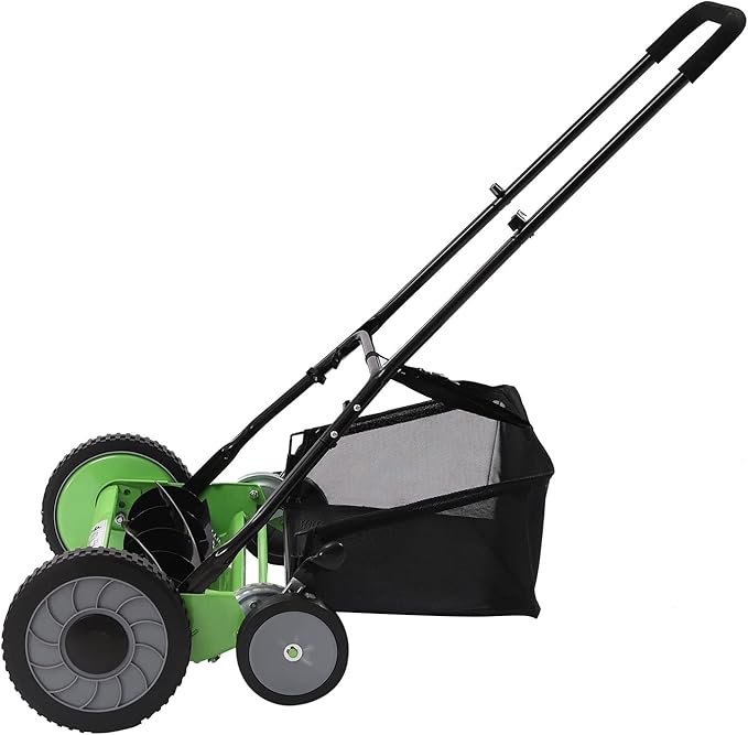 20in Manual Lawn Mower, 5-Blade Push Reel Lawn Mower Adjustable Cutting Height with Removable Grass Catcher, 4-Wheels