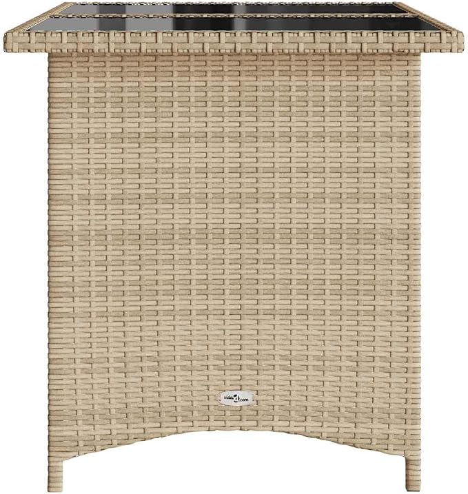 vidaXL Patio Table with Glass Top, Garden Dining Table with Steel Frame, Rectangular Outdoor Furniture, Modern Style, Beige Poly Rattan