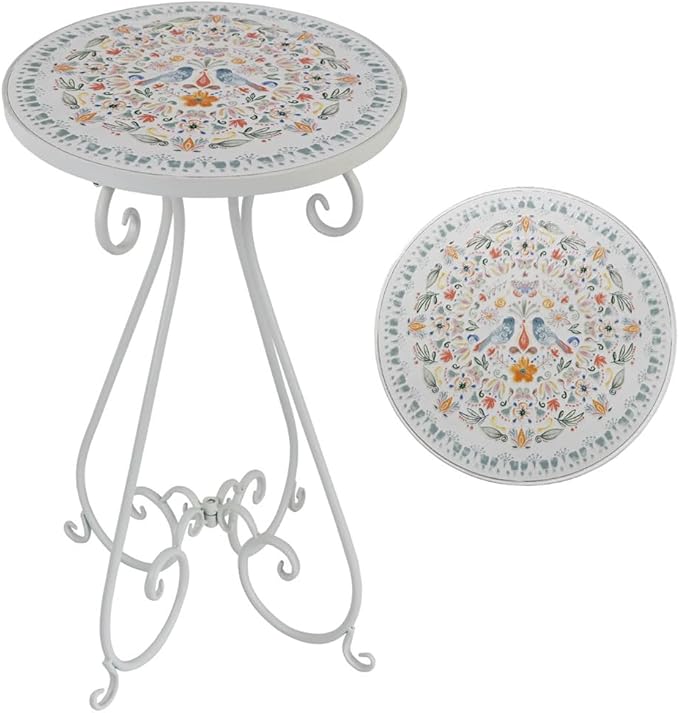 Vintage Outdoor Side Table Round Mosaic Ceramic Tile Top 14" Diameter Metal Plant Stand for Flower Pots Vase Garden Home Porch Pool Indoor Decor Weather Resistant Outside Patio Accent End Furniture