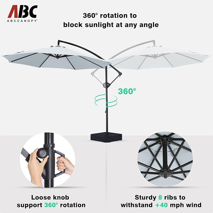 ABCCANOPY 10FT Cantilever Patio Umbrella with base included, 360° Rotation Outdoor Offset Umbrella Bonus Fix Frame & Weights Bag (Light Gray)