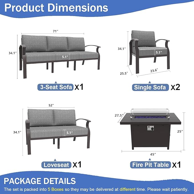 Kullavik Aluminum Patio Furniture Set with Propane Fire Pit Table,7-seat Metal Outdoor Furniture Patio Conversation Set w/5.1" Cushions for Patio,Backyard,Poolside-Grey