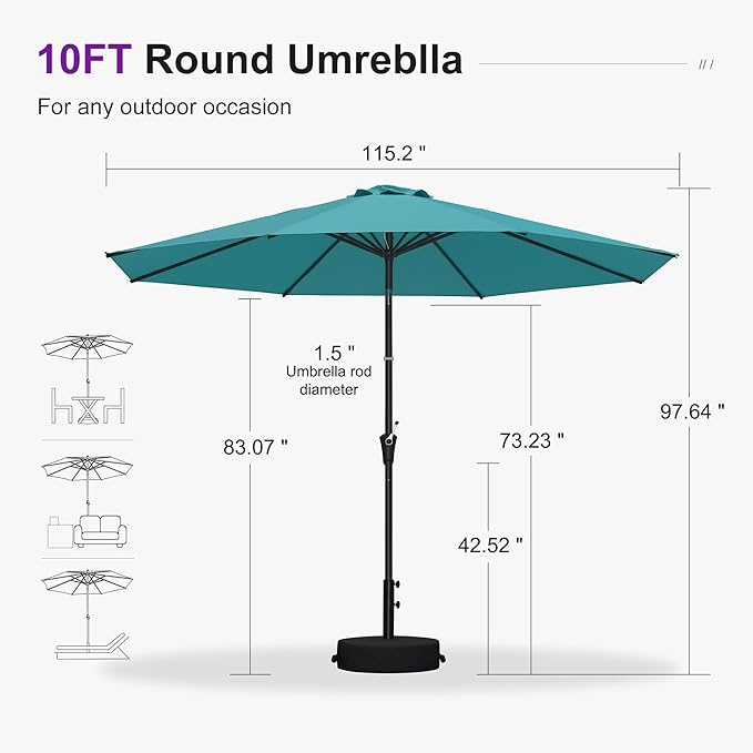 PURPLE LEAF 9' Round Patio Umbrella Outdoor Table Umbrella Aluminum Frame Market Umbrella with 8 Sturdy Ribs & Tilt for Garden Deck Lawn Pool Turquoise Blue