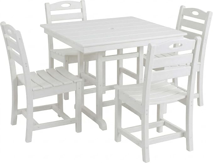 WILLIAMSPACE 37.8" Outdoor Patio Dining Set with 4 Armless Chairs, All Weather HDPE Square Dining Table with Umbrella Hole, Patio 5-Piece Bistro Set for Backyard, Balcony, Lawn, Kitchen (White)