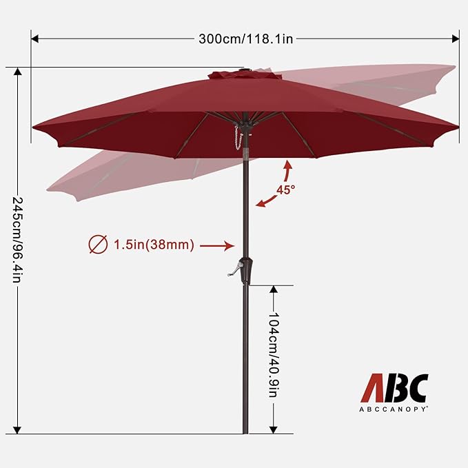 ABCCANOPY 10FT Patio Umbrella, Outdoor Waterproof Table Umbrella with Push Button Tilt and Crank, 8 Ribs UV Protection Pool Umbrella for Garden, Lawn, Deck & Backyard (Wine Red)