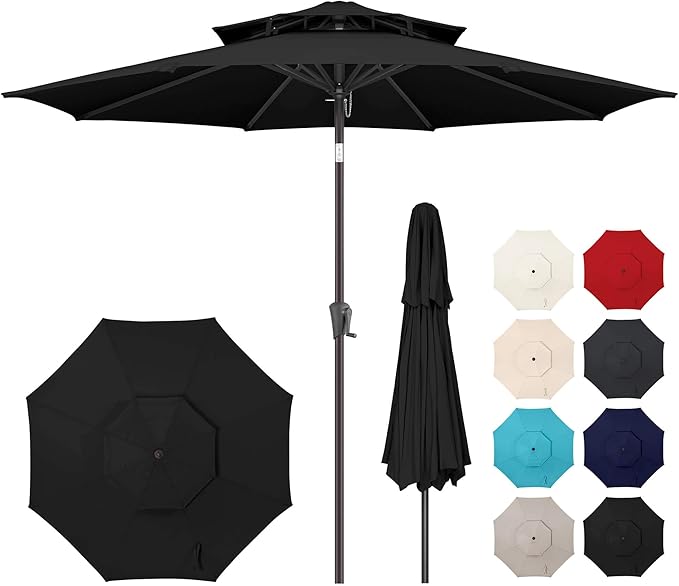 9ft Outdoor Patio Umbrella - 2-Tier Table Umbrella Waterproof UV Protection, Sombrillas de Patio with Push Button Tilt, Sun Umbrella for Pool, Porch, Garden, Backyard (Black)
