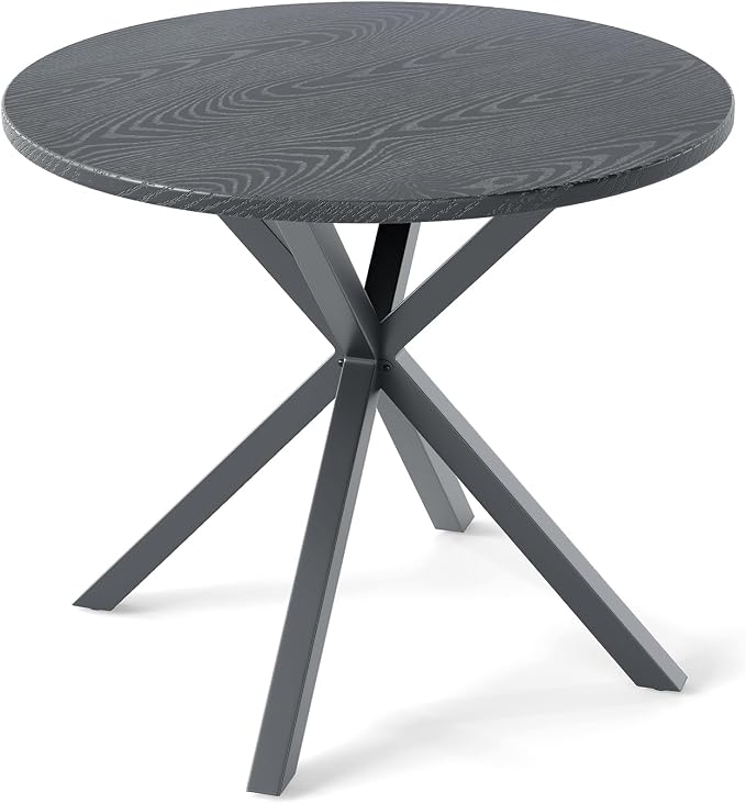 34” Round Dining Table, 4 Person Kitchen Table with Wood-Like Tabletop & X-Shaped Metal Frame, Indoor-Outdoor Coffee Table for Backyard, Balcony, Poolside, Garden, Lawn