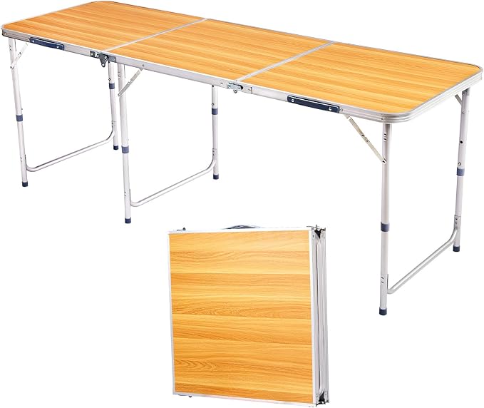 6 Ft Folding Portable Camping Table, Tri-fold Outdoor Picnic Table, Outdoor Camping Kitchen, BBQ, Picnic, Cooking, Beach, Garden, Party (Wood Color)