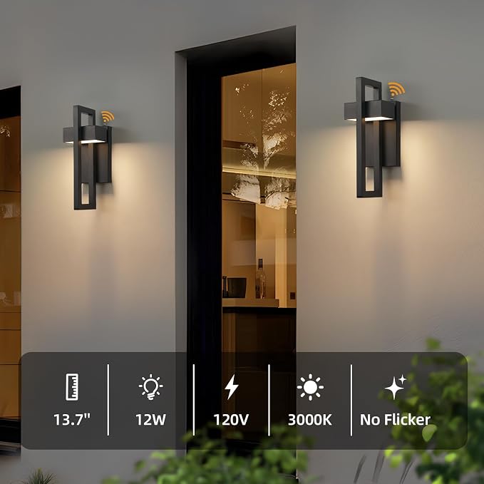 LED Outdoor Wall Sconce Dusk to Dawn Outdoor Lighting, Modern Exterior Lighting Fixtures, Black LED Front Porch Lights Outside Wall Mount Lights for House, Hallway, Warm White 3000K, 2 Pack