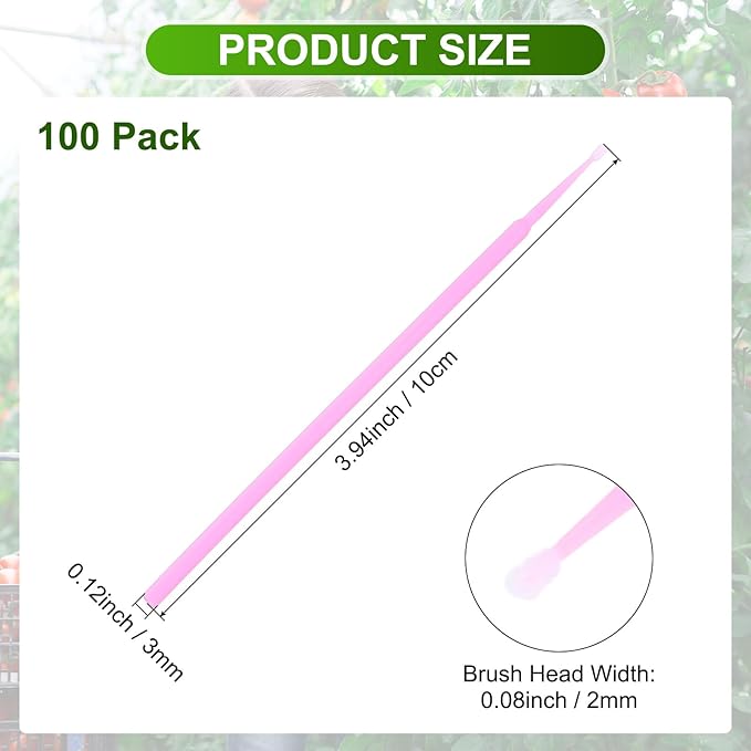 M METERXITY 100-Pack Pollinator Brush, 0.08inch/2mm Plastic Vegetable Pollinator Pen Manual Pollination Tool for Gardening/Greenhouse/Hydroponic Plants/Flowers [Pink]