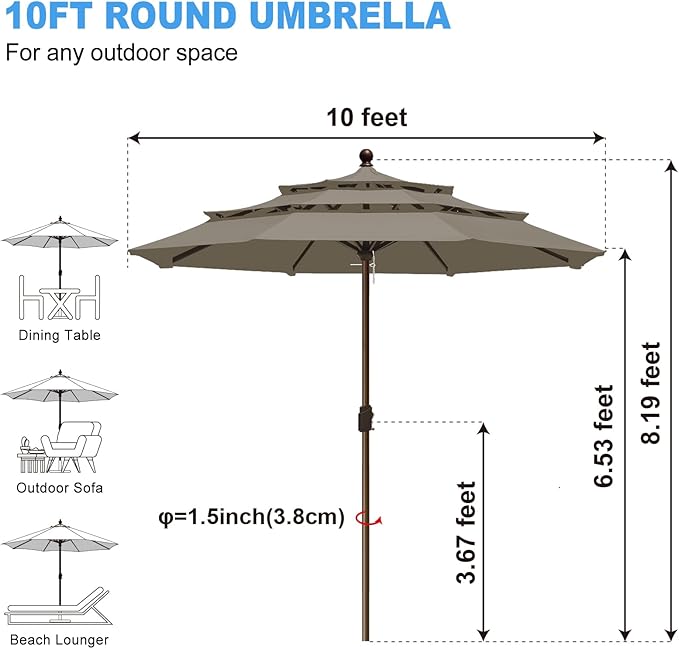 Eurmax USA 10-Year-Non-Fading 10FT 3-Tier Outdoor Patio Market Umbrella,UPF50+ UV Resistant,Heavy Duty Commercial Grade,Crank Lift Design,Windproof Vented Top for Garden,Pool,Deck,Taupe