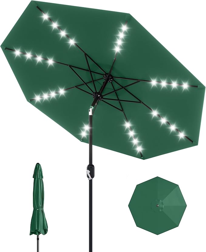 GarveeLife 9 ft Patio Umbrella with Solar Lights, 8 Ribs Outdoor Market Table Umbrella with 32 LED Lights & Tilt Crank for Pool, Deck, Backyard, Dark Green