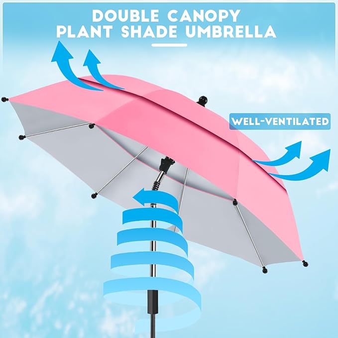4 Pack 24.9" Double Canopy 47.2" Height Plant Umbrellas for Outdoor Plants, 3D Stakes 360° Adjustable Plant Shades for Outdoor Plants, Garden