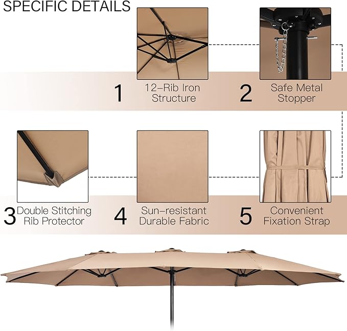Tangkula 15FT Double-Sided Patio Umbrella with Base, Extra-Large Market Umbrella W/Crank System, Outdoor Twin Umbrella W/ 12-Rib Metal Structure & Air Vents for Garden, Backyard, Poolside (Tan)
