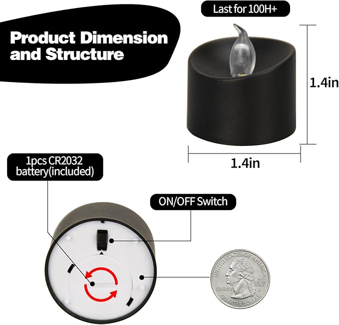 12 Pack LED Tea Lights, Last 100H+, Warm White Flickering Light(Black Base)