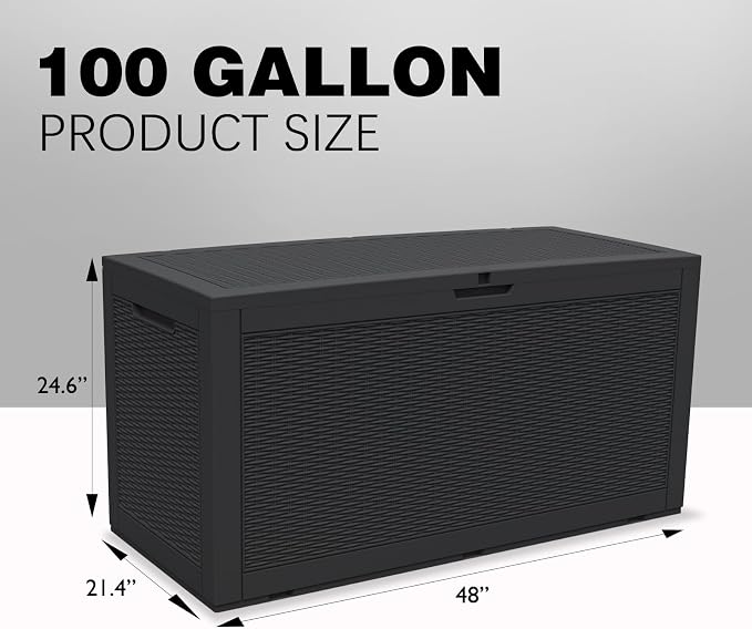 DIKEP 100 Gallon Polypropylene(PP) Deck Box Lockable Outdoor Storage Box for Patio Furniture Cushions, Garden Tools, Pool Supplies | Built-in Handles Waterproof Storage Container, Black
