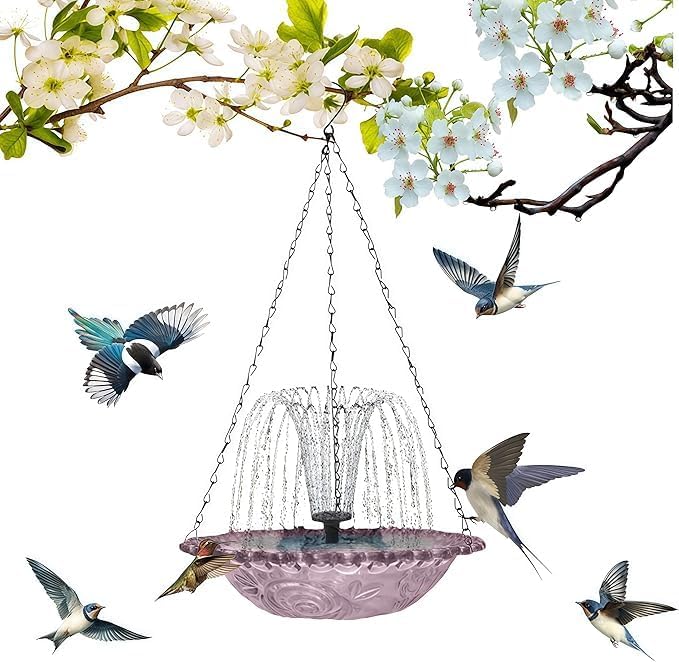 UZTK-2026 Solar Cascade Hanging Bird Bath Fountain, Solar Powered Outdoor Water Fountain for Hummingbirds, Decorative Bird Bath Shower Bowl Kit for Garden Yard Patio Backyard (Purple Single Layer)