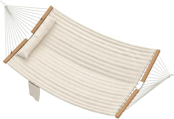 Double Hammock with Hanging Ropes, Portable Hammock 450LBS Weight Capacity Beechwood V-Curved Spreader, Extra Large 78.7x55.1” Hammock for Patio Backyard Porch (White)