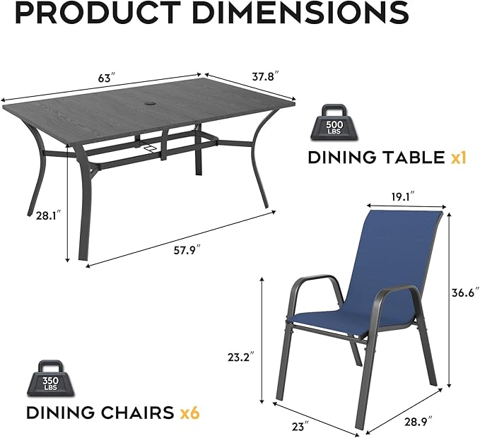 Outdoor Dining Set for 6, 7pcs Patio Table and Chairs Set with Adjustable Umbrella Hole,Heavy Duty 63”x37.8” Metal Dining Table and Stackable Patio Chair for Yard, Garden, Porch