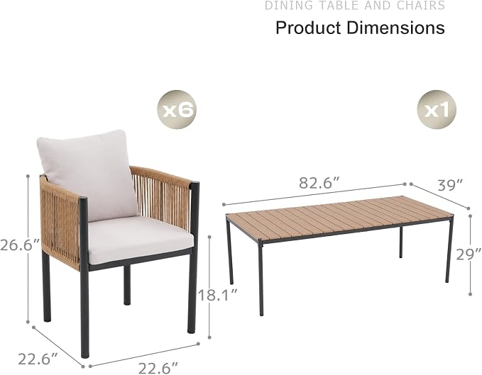 SUNSITT 7 Piece Outdoor Patio Dining Set, Patio Dining Furniture Set with 82.6” Metal Dining Table w/WPC Tabletop and 6 Patio Woven Rattan Chairs w/Curved Armrest for Garden, Beige