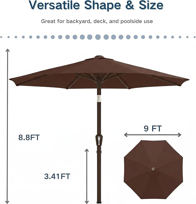 PatioKingdom 9FT Patio Outdoor Umbrella-UPF 50+ Sun Shade with Wind Vent, Push-Button Tilt & Smooth Crank Lift, Rust-Resistant Fiberglass Frame for Garden, Backyard,Yard (Brown)