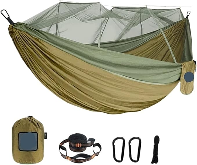 Single and Double Size Nylon Fabric Portable Travel Outdoor Camping Hanging Sleeping Hammock with Mosquito Net(Single Brown Green 2)
