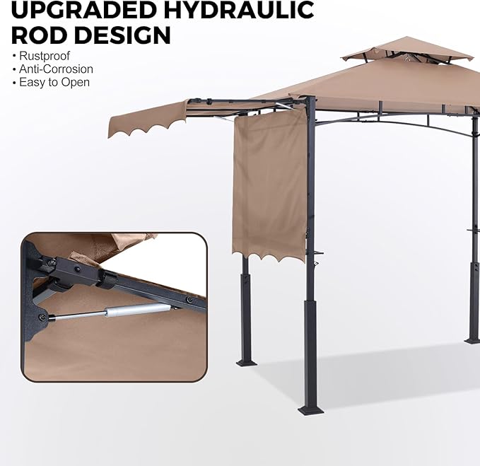 ABCCANOPY Grill Gazebo with 3 Side Awnings - 14x5 Outdoor BBQ Canopy Shelter with 2 Led Lights for Patio Backyard Grilling (Khaki)