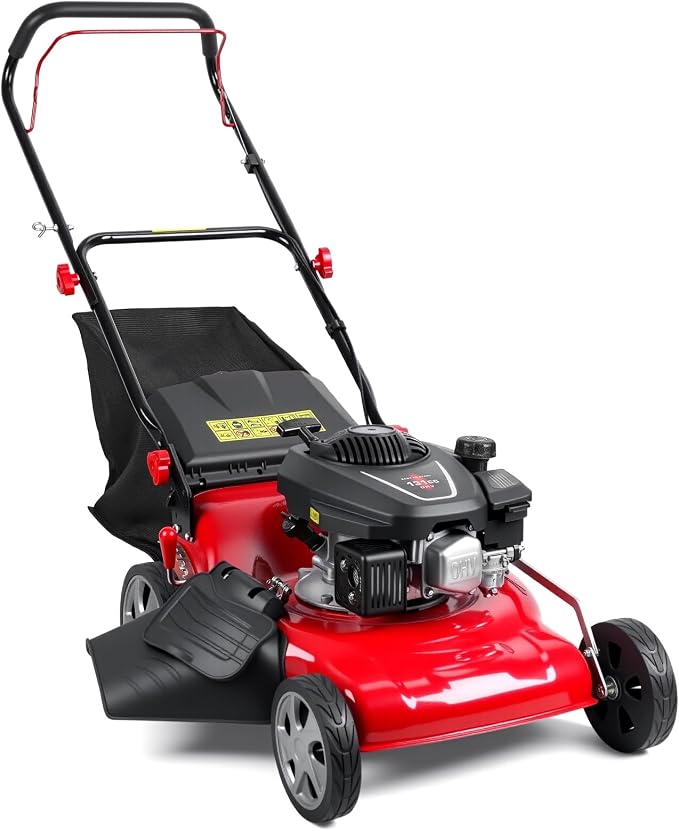18" Gas Lawn Mower, 131cc Gas Powered Lawnmower Self Propelled, Walk-Behind Push Lawn Mowers with 13-Gal Grass Bag, 8 Position Height Adjustment for Yard Trimmer Gardening Care and Lawns Maintenance