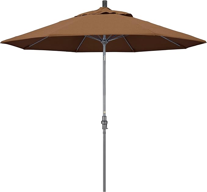 California Umbrella 9' Rd. Crank Lift, Collar Tilt, Aluminum Pole, Fiberglass Rib Patio Umbrella, Hammertone Grey Finish, Sunbrella Teak