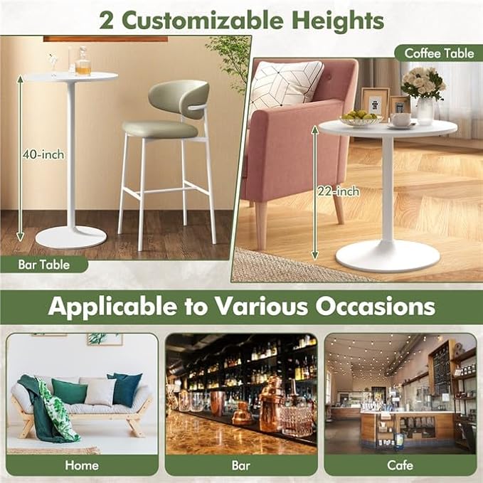 ERGOMASTER Cocktail Table,Two-in-one Modern Style Standing Circular Bar Table 40"/22" Two Convertible Height Suitable for Dining Room, Restaurant, Kitchen (2, White)
