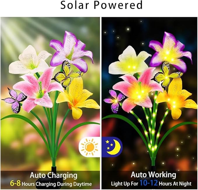Solar Lights Outdoor, Gift for Women Mom Grandma, 4 Pack with 16 Solar Lily Flower Lights and Butterfly Decor, Solar Flower Lights Waterproof, Outside Decor Stake Light for Landscape Yard Patio Lawn