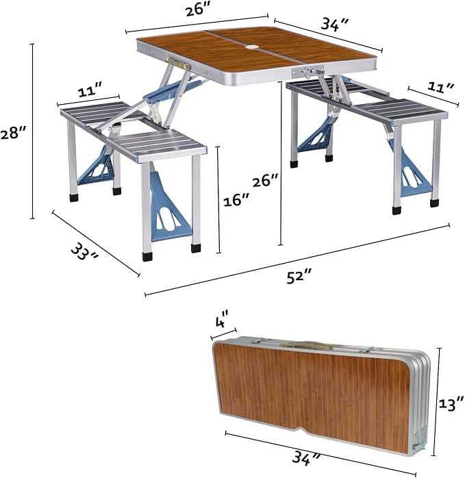 Panda Eye Folding Picnic Table with Seats Chairs and Umbrella Hole, Portable 4-Person Fold Up Travel Picnic Table for Indoor Outdoor Travel, Camping,BBQ,Party,Bamboo+ Aluminum Alloy (Silver)