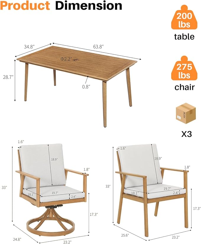 7 Pieces Patio Dining Set, Never-Rust Aluminum Outdoor Dining Table Set with Removable Cushions, Outdoor Furniture Set with 2 Swivel Chairs, 4 Dining Chairs for Deck Poolside, Backyard, Teak